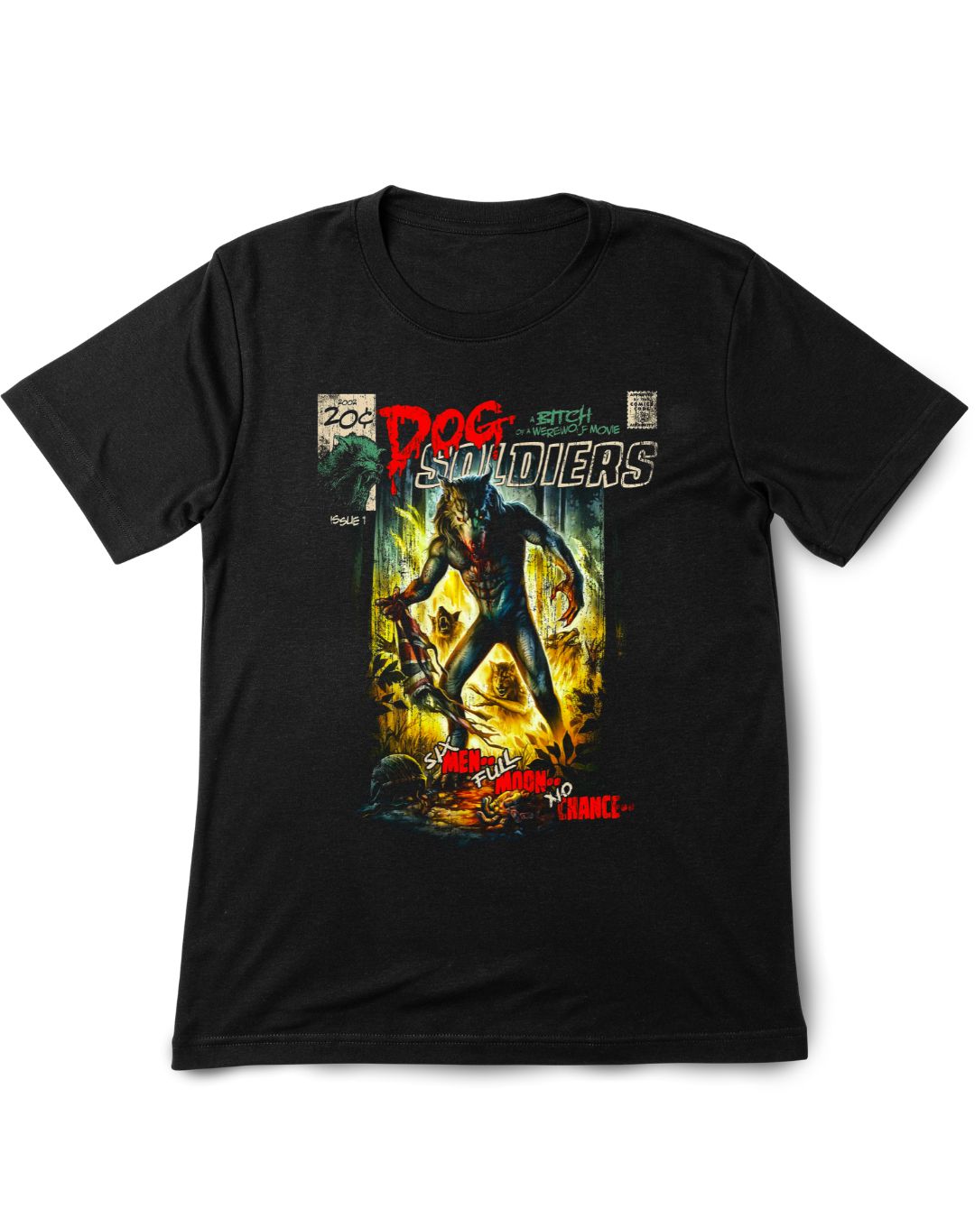 Black t-shirt with 'Dog Soldiers' graphic design on a white background