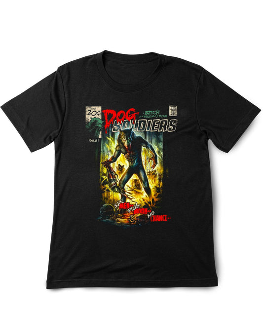 Black t-shirt with 'Dog Soldiers' graphic design on a white background