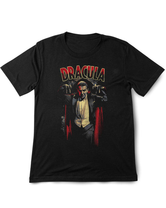 Black t-shirt with 'Dracula' graphic design on a white background