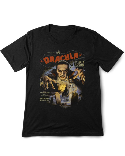 Black t-shirt with 'Dracula' graphic design featuring a vampire on a white background