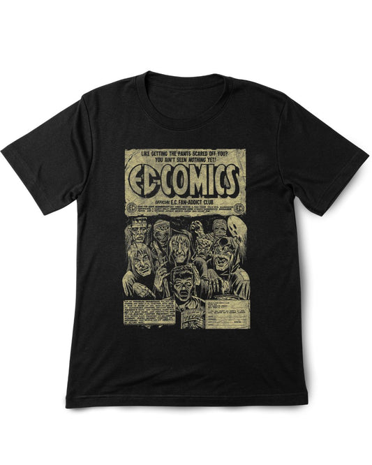 EC Comics Black t-shirt with vintage comic book design on a white background