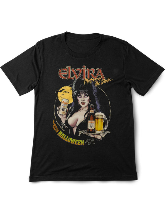 Black t-shirt with Elvira graphic design featuring a woman holding beer mugs.