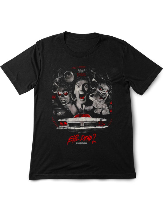Black t-shirt with 'Evil Dead 2' graphic design featuring characters and a car on a white background.
