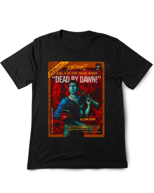 Black t-shirt with a graphic design featuring a character holding a gun on a red background.