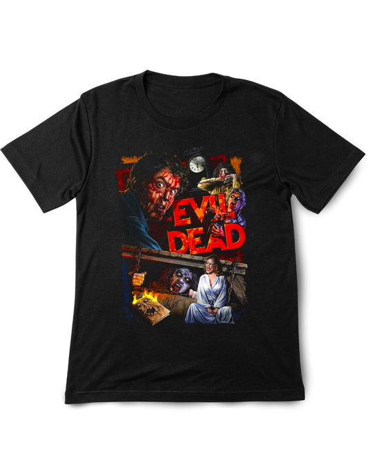 Black t-shirt with 'Evil Dead' graphic design featuring characters and text.