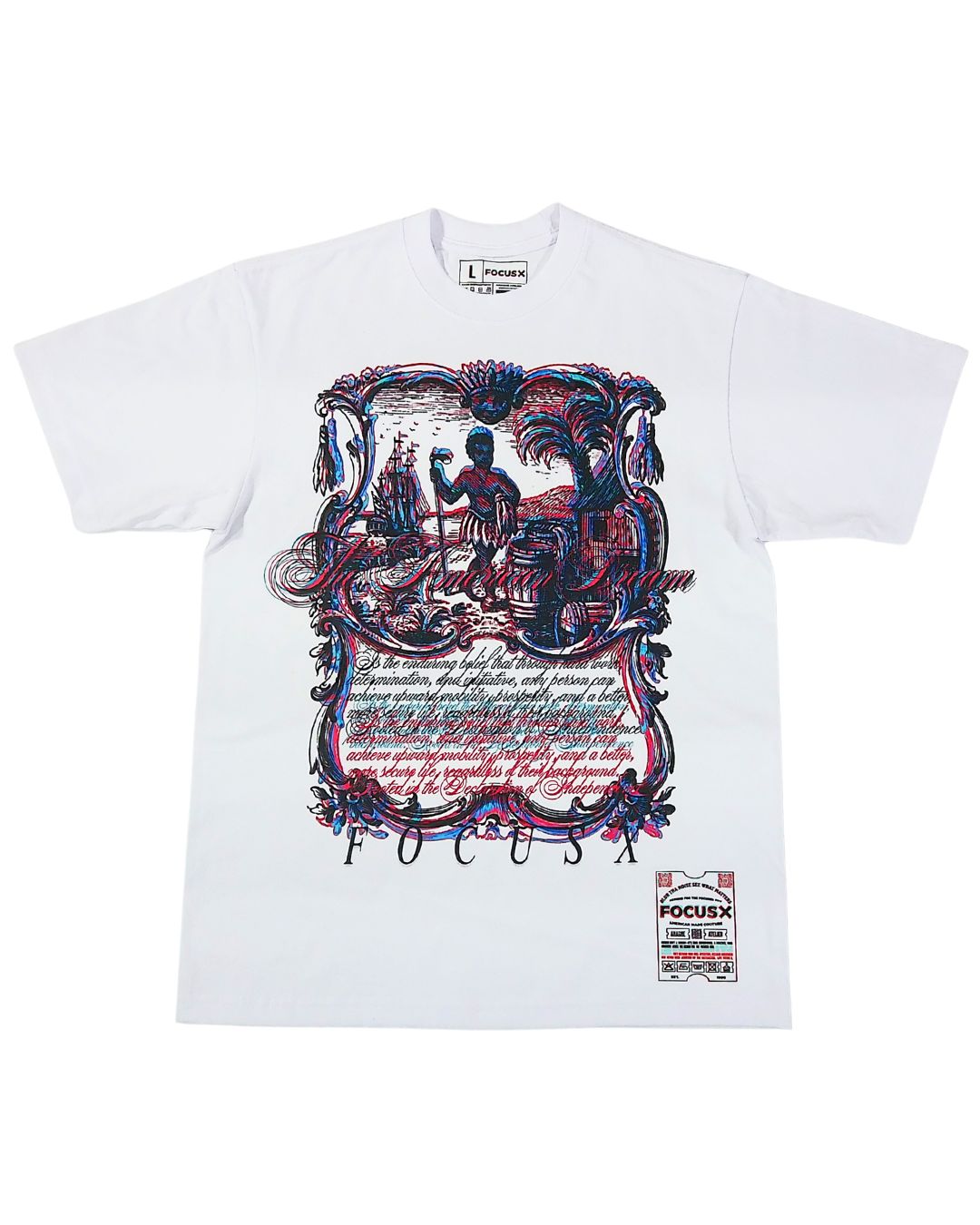 White t-shirt with decorative graphic design on a white background " The American Dream" by Focus X 
