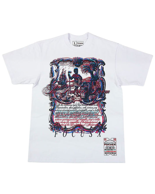 White t-shirt with decorative graphic design on a white background " The American Dream" by Focus X 
