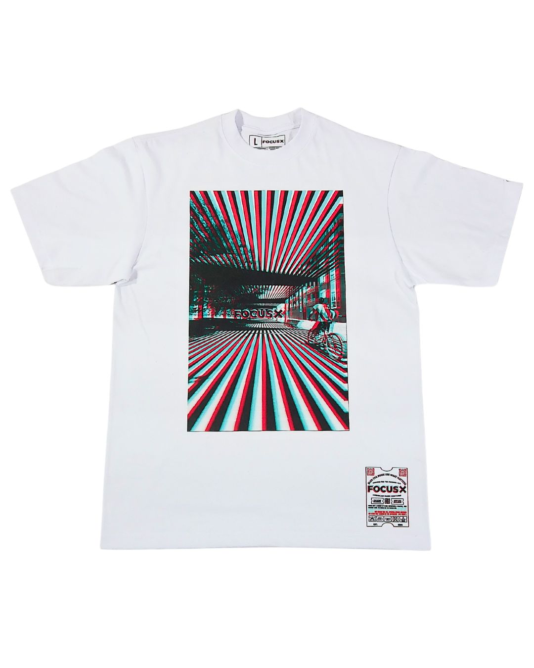 White t-shirt with a graphic design of a person on a bike in a tunnel-like pattern.