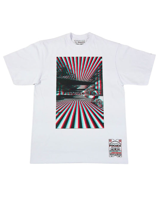 White t-shirt with a graphic design of a person on a bike in a tunnel-like pattern.