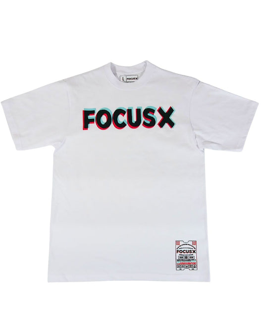 Focus_X_Logo_Tee  Text on a white background with decorative elements , with anaglyph and glitch designs , black stitched letters ..focus x badge at bottom of tee shirt on the right 