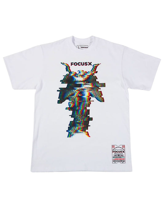 White t-shirt with colorful graphic design and 'FOCUS X' branding on a white background