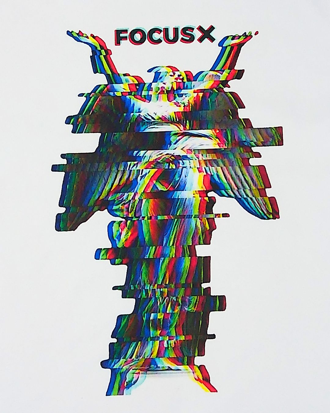 Colorful abstract design with 'FOCUS X' text on a white background