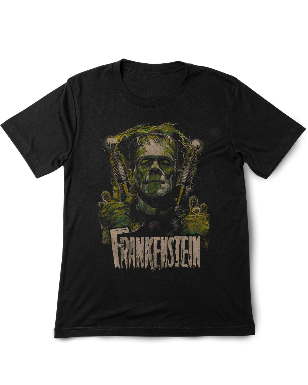 Black t-shirt with Frankenstein graphic design on a white background