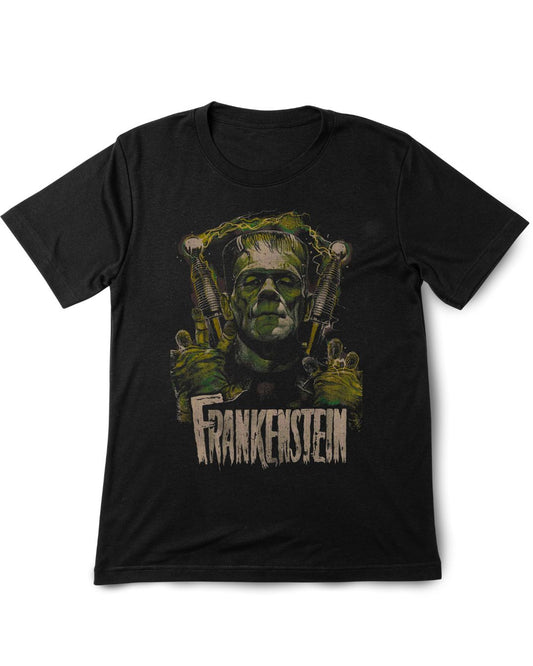 Black t-shirt with Frankenstein graphic design on a white background