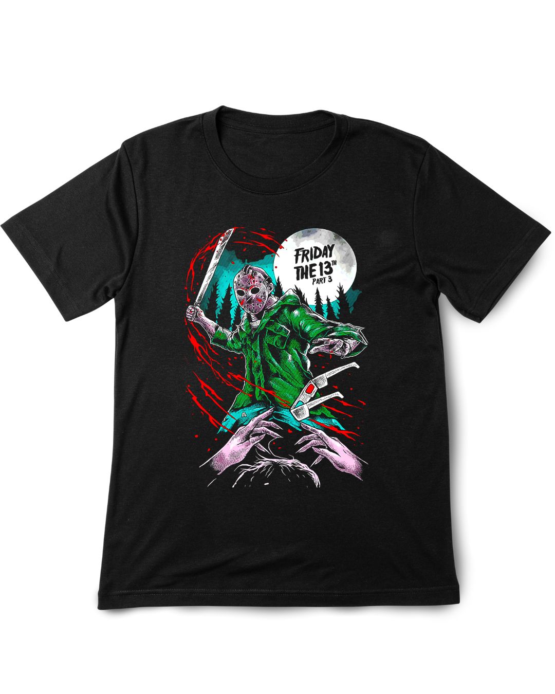 Black t-shirt with a graphic design of a character holding a knife and text 'Friday the 13th Part 3' on a white background.