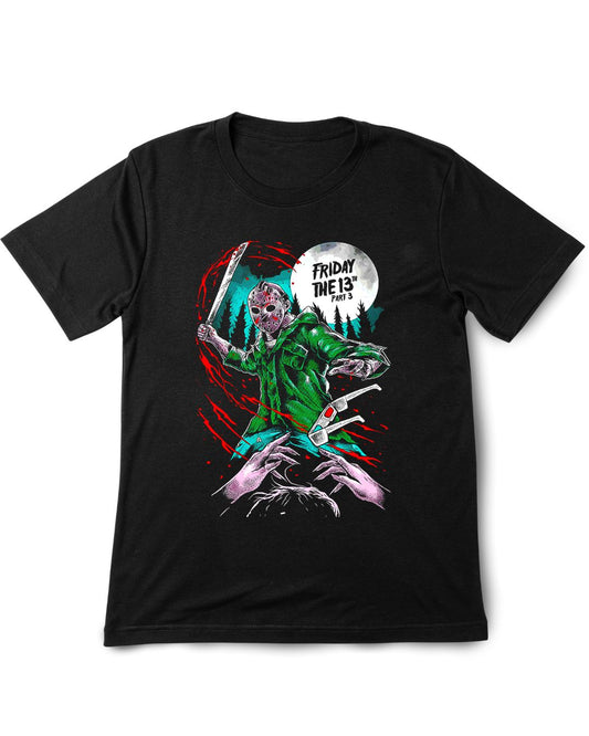 Black t-shirt with a graphic design of a character holding a knife and text 'Friday the 13th Part 3' on a white background.