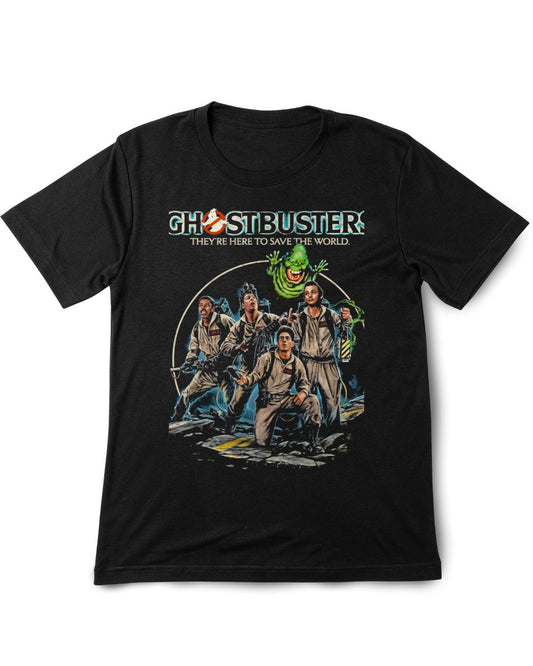 Black t-shirt with Ghostbusters graphic and text on a white background