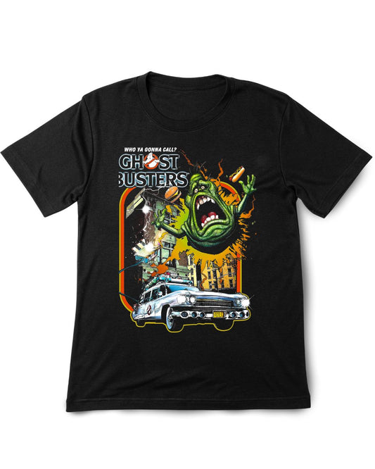Black t-shirt with 'Ghostbusters' graphic design featuring a ghost and car.