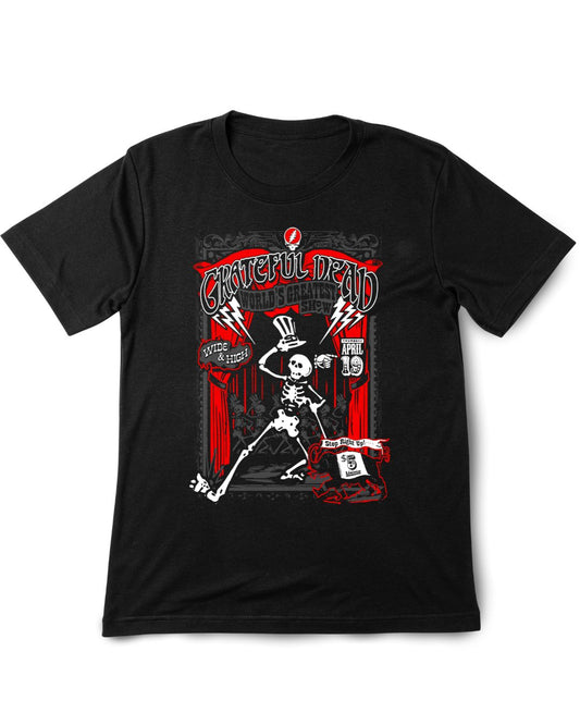 Black t-shirt with a skeleton and 'Grateful Dead' design on a white background