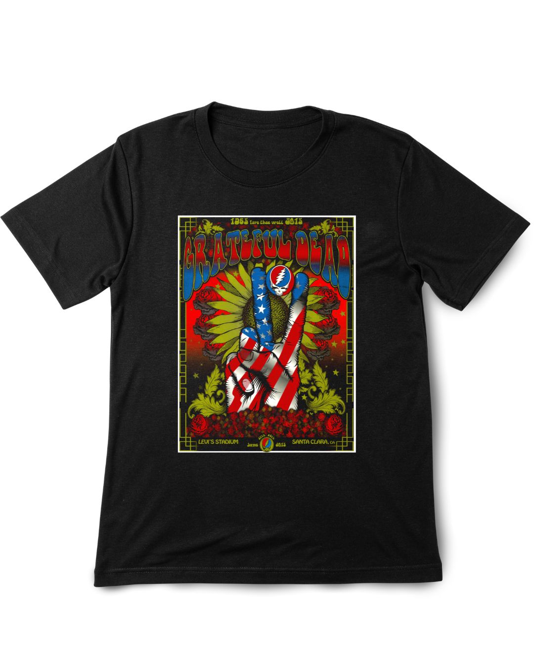 Grateful Dead 3 Vintage Printed Tee Shirt Black t-shirt with a colorful graphic design on a white background
