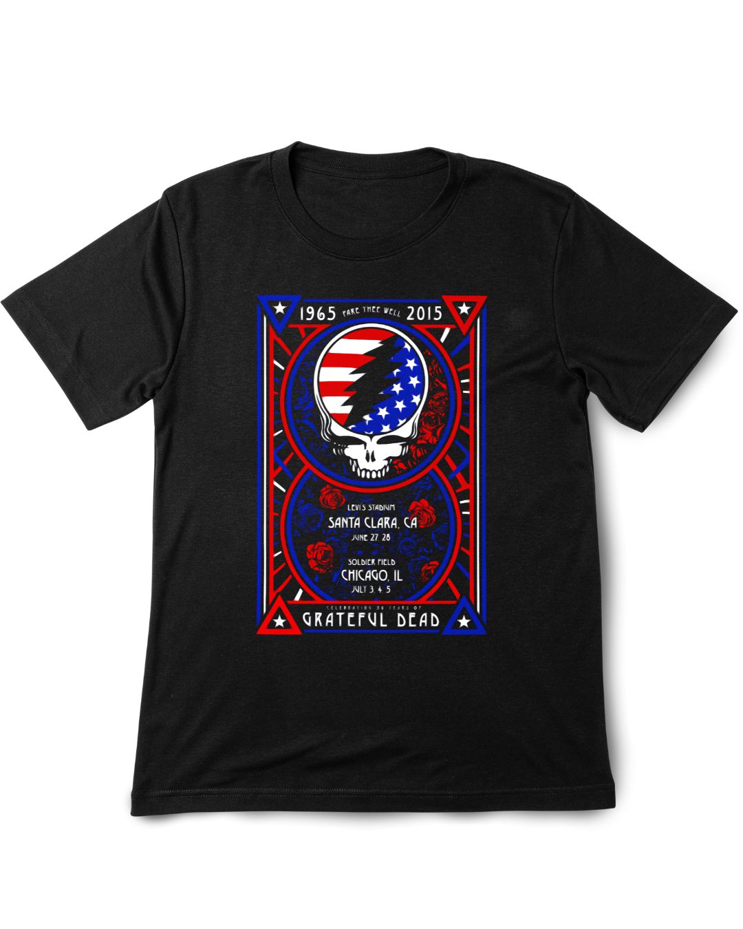 Black t-shirt with Grateful Dead-themed graphic design on a white background