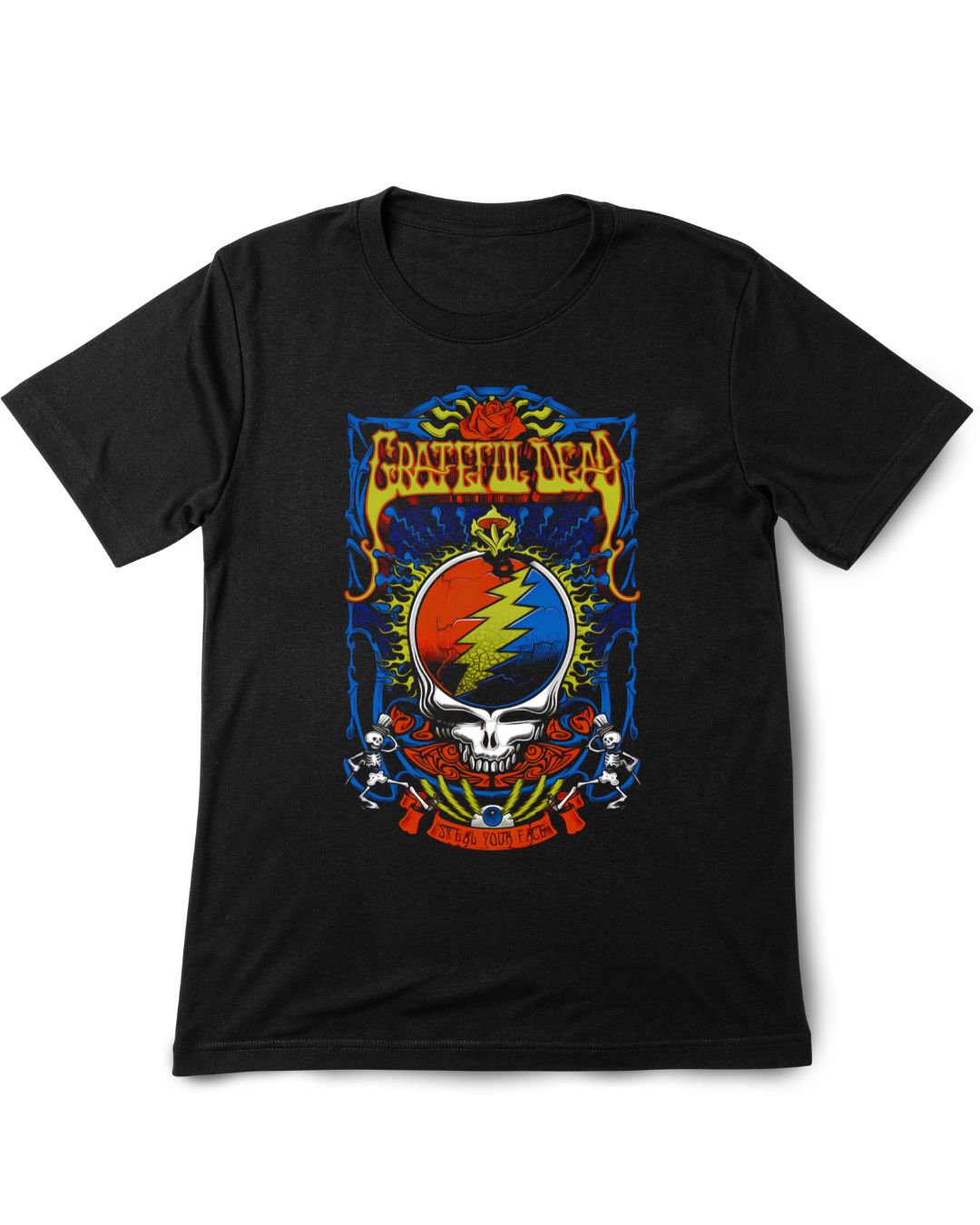 Black t-shirt with Grateful Dead logo on a white background