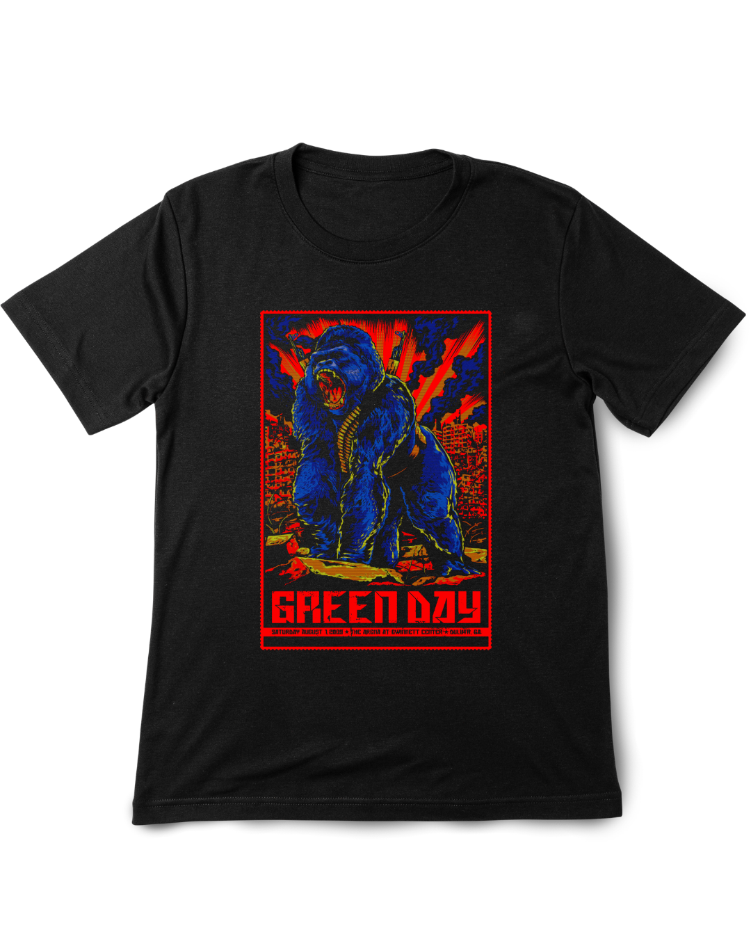 Black t-shirt with a graphic design of a blue gorilla and 'Green Day' text on a white background