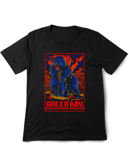 Black t-shirt with a graphic design of a blue gorilla and 'Green Day' text on a white background