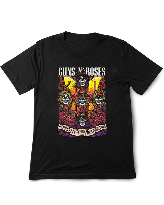 Black t-shirt with colorful 'Guns N' Roses' graphic design on a white background