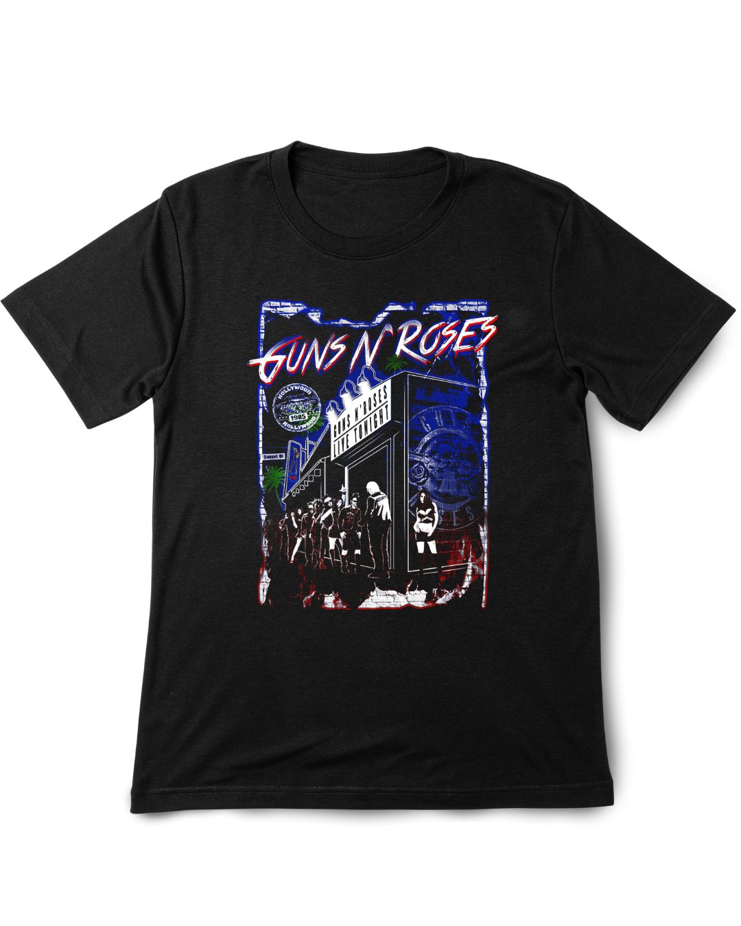 Black t-shirt with 'Guns N' Roses' graphic design on a white background