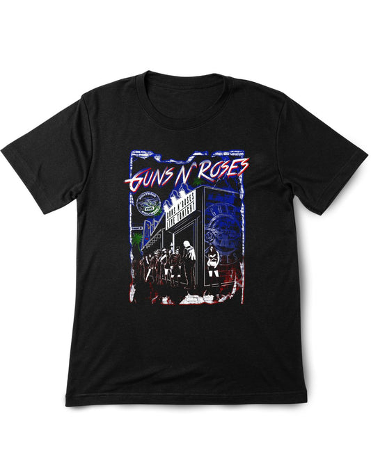 Black t-shirt with 'Guns N' Roses' graphic design on a white background