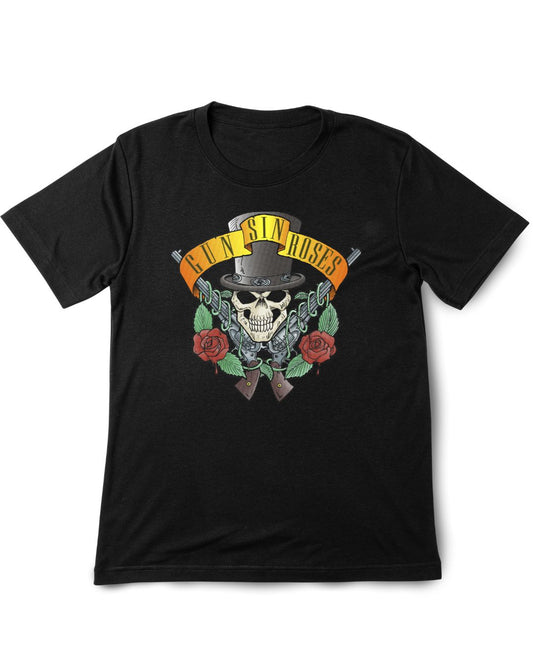  Guns & Roses 2 Vintage Printed Tee Shirt black t-shirt with a graphic design featuring a skull, roses, and text on a white background