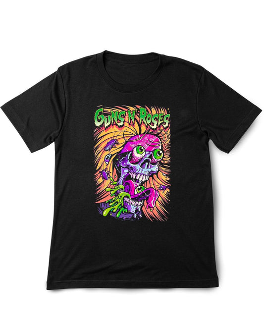 Guns & Roses 5 Vintage Printed Tee Shirt Black t-shirt with colorful graphic design featuring a skull and text on a white background