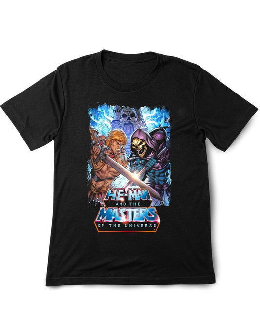 Black t-shirt with 'He-Man and the Masters of the Universe' graphic design on a white background