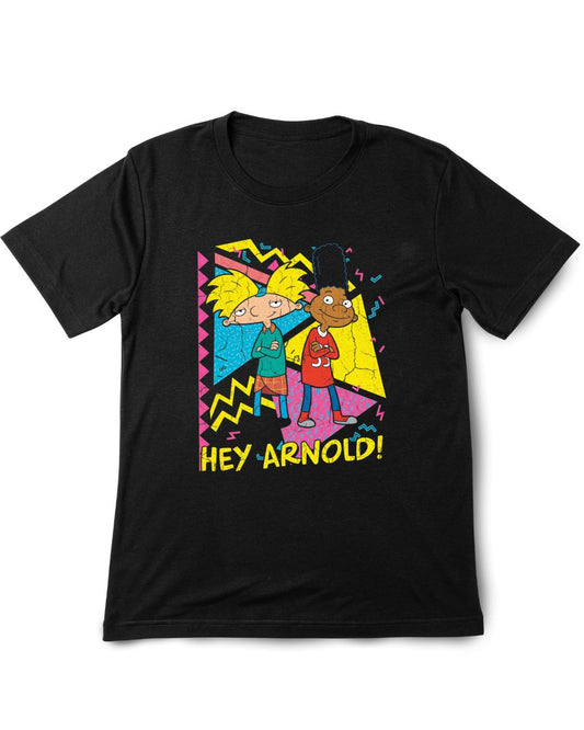 Black t-shirt with 'Hey Arnold!' graphic design on a white background