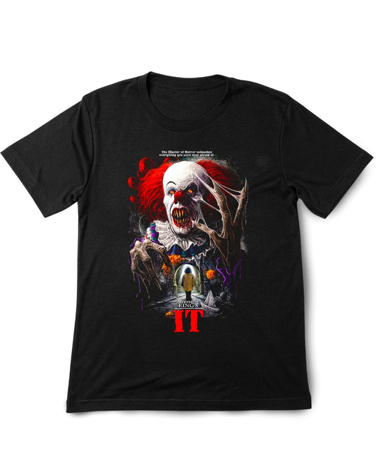 Black t-shirt with a graphic of a clown and text on a white background