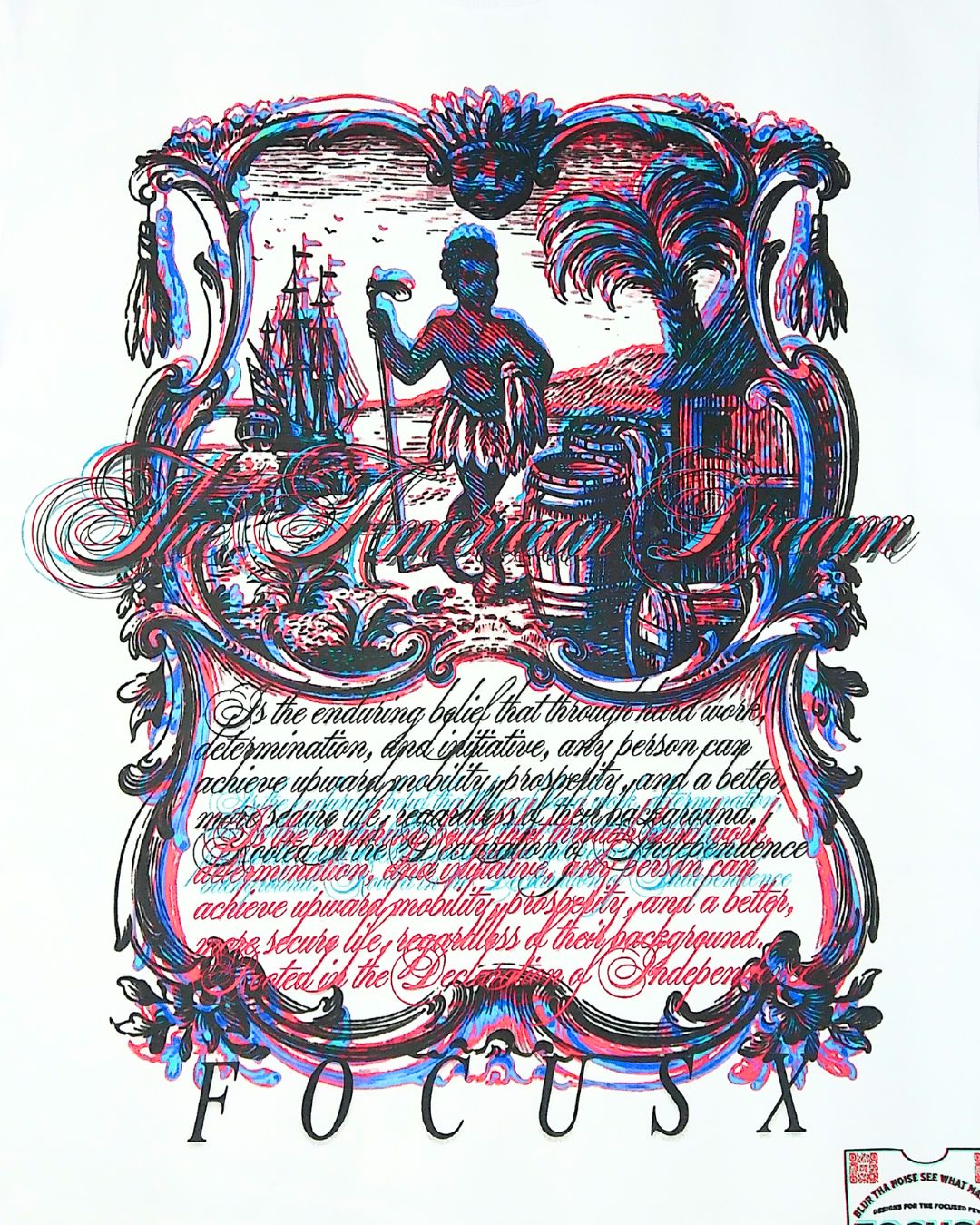 Decorative artwork with text and a figure in an ornate frame, featuring the brand 'FOCUSX'.