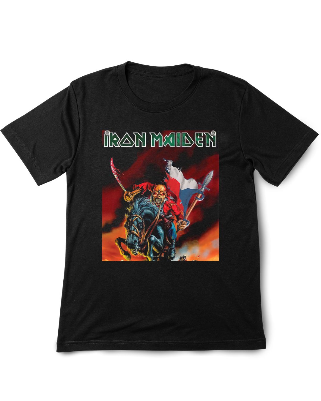 Black t-shirt with Iron Maiden graphic design on a white background