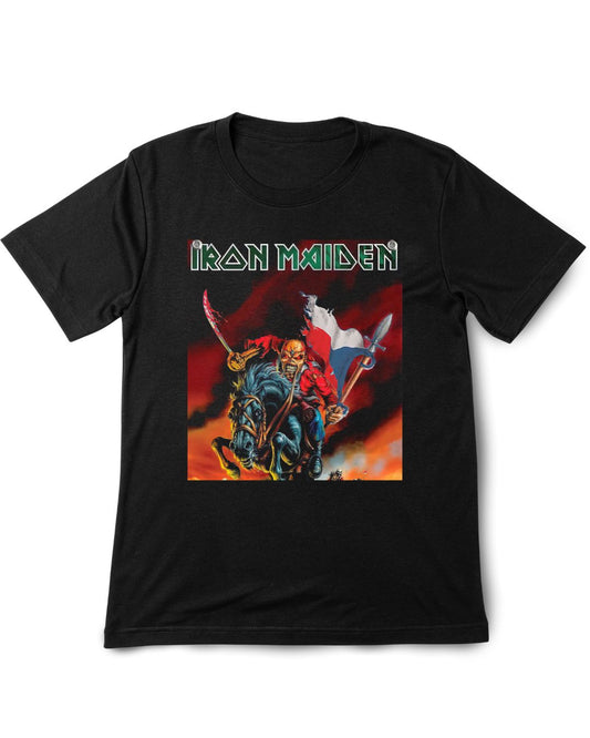 Black t-shirt with Iron Maiden graphic design on a white background
