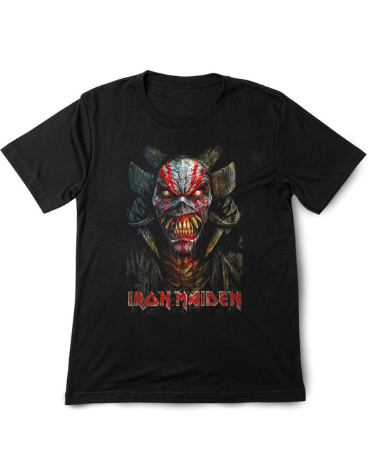 Black t-shirt with Iron Maiden graphic design on a white background