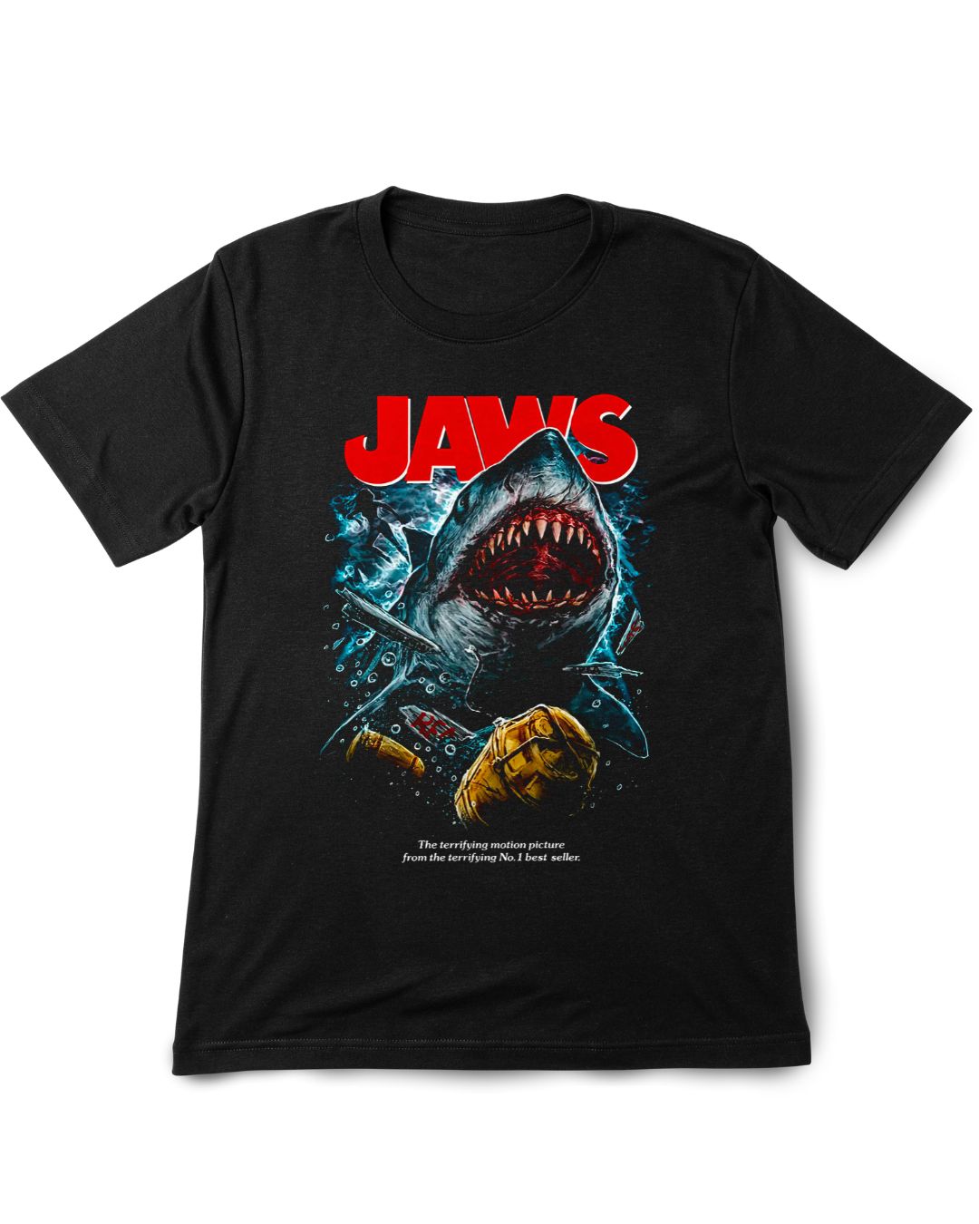 Black t-shirt with 'JAWS' graphic design featuring a shark and text on a white background