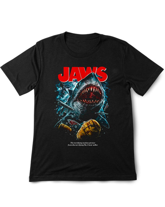 Black t-shirt with 'JAWS' graphic design featuring a shark and text on a white background