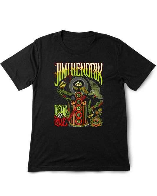 Black t-shirt with colorful graphic design featuring 'Jimi Hendrix' text on a white background