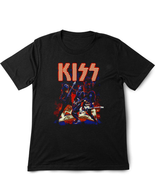 Black t-shirt with 'KISS' band graphic design on a white background