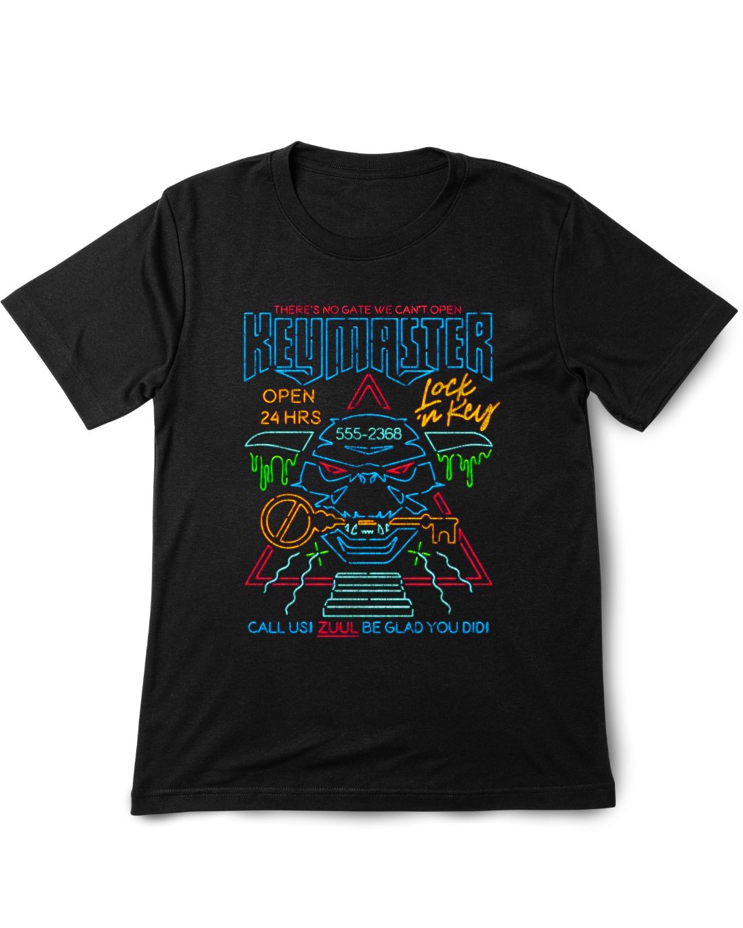 Key Master Black t-shirt with colorful graphic design on a white background