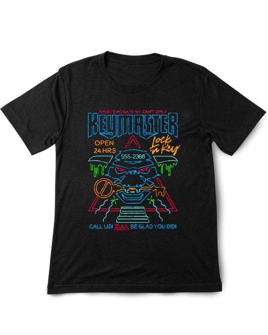 Key Master Black t-shirt with colorful graphic design on a white background