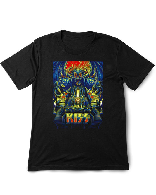 Black t-shirt with colorful 'Kiss' graphic design on a white background