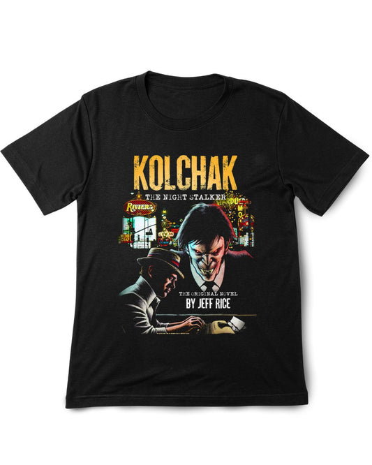 Black t-shirt with 'Kolchak: The Night Stalker' graphic design on a white background