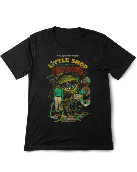 Black t-shirt with 'Little Shop of Horrors' graphic design on a white background