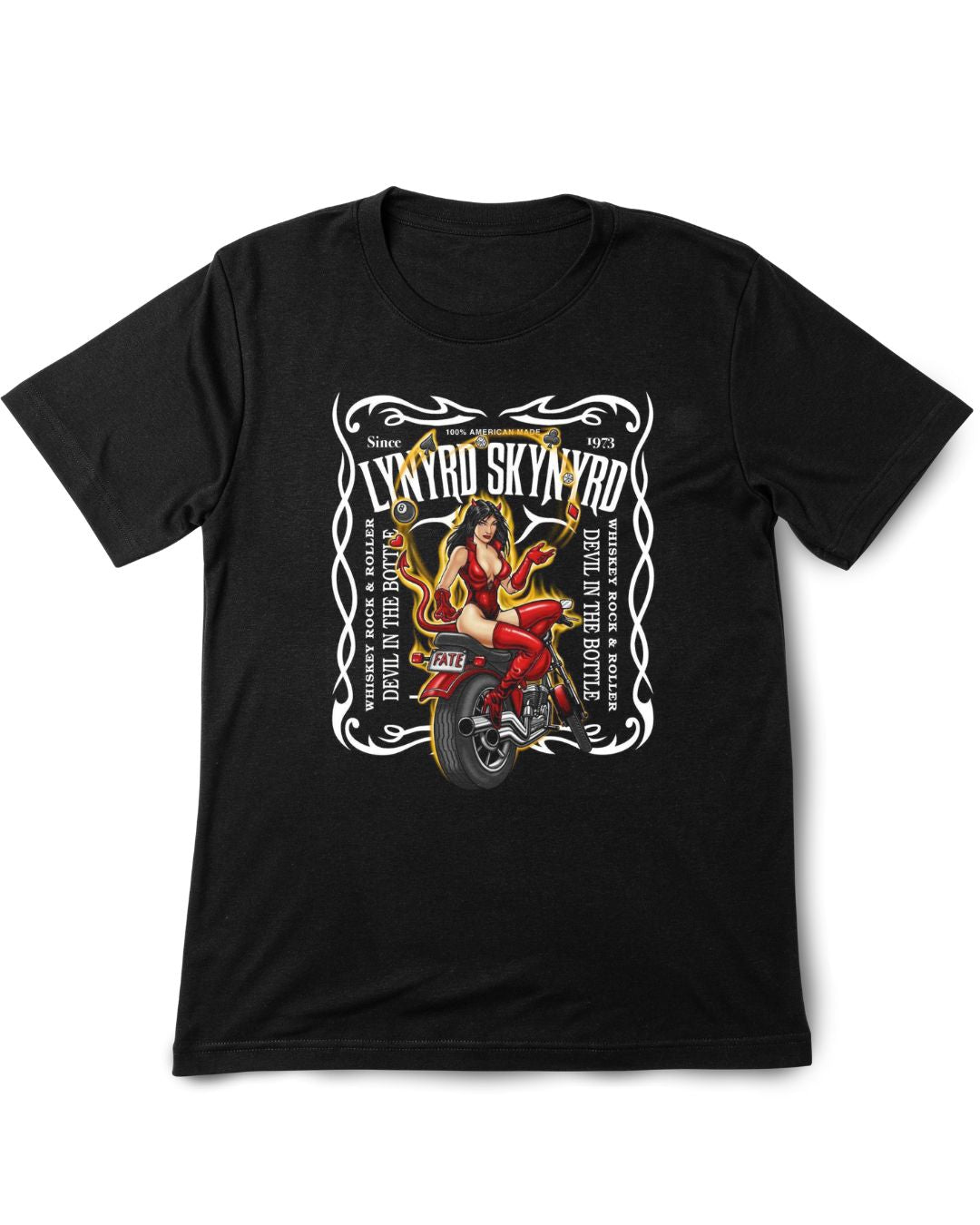 Black t-shirt with Lynyrd Skynyrd graphic design on a white background